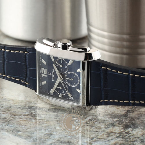 Montre homme Festina F20636/2, cadran bleu, boîtier carré, bracelet en cuir, acier inoxydable, chronographe, affichage de la date, mouvement à quartz, design classique et élégant. Homme FESTINA 