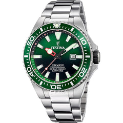 Montre homme Festina F20663/2, cadran vert, bracelet en acier inoxydable, affichage de la date, mouvement à quartz, style plongeur, design sportif. Homme FESTINA 
