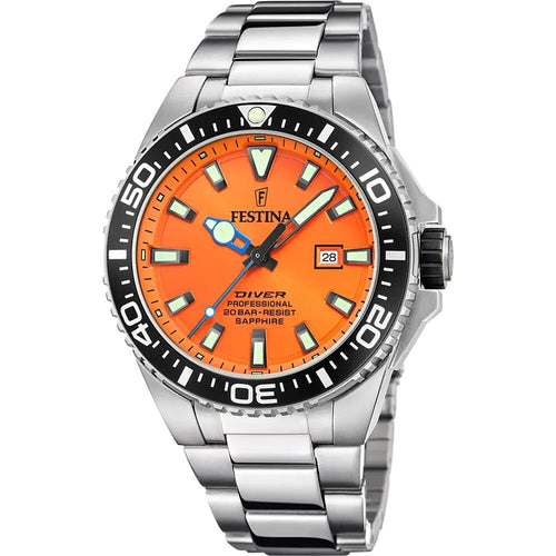 Montre homme Festina F20663/4, cadran orange, bracelet en acier inoxydable, affichage de la date, mouvement à quartz, style plongeur, design sportif. Homme FESTINA 