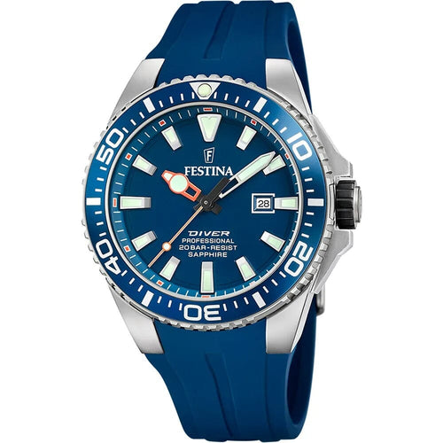 Montre homme Festina F20664/1, cadran bleu, boîtier en acier inoxydable, bracelet en silicone bleu, affichage de la date, mouvement à quartz, style plongeur, design sportif. Homme FESTINA 