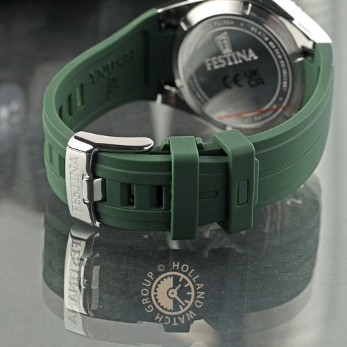 Montre homme Festina F20664/2, cadran vert, boîtier en acier inoxydable, bracelet en silicone vert, affichage de la date, mouvement à quartz, style plongeur, design sportif. Homme FESTINA 