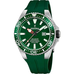 Montre homme Festina F20664/2, cadran vert, boîtier en acier inoxydable, bracelet en silicone vert, affichage de la date, mouvement à quartz, style plongeur, design sportif. Homme FESTINA 