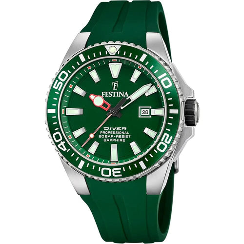 Montre homme Festina F20664/2, cadran vert, boîtier en acier inoxydable, bracelet en silicone vert, affichage de la date, mouvement à quartz, style plongeur, design sportif. Homme FESTINA 