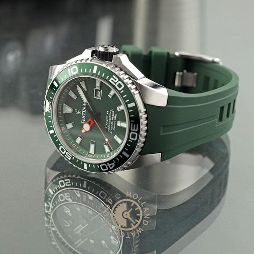 Montre homme Festina F20664/2, cadran vert, boîtier en acier inoxydable, bracelet en silicone vert, affichage de la date, mouvement à quartz, style plongeur, design sportif. Homme FESTINA 