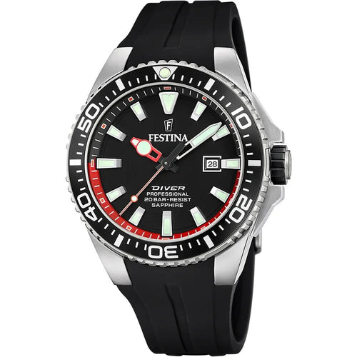 Montre homme Festina F20664/3, cadran noir, boîtier en acier inoxydable, bracelet en silicone noir, affichage de la date, mouvement à quartz, style plongée sportive Homme FESTINA 