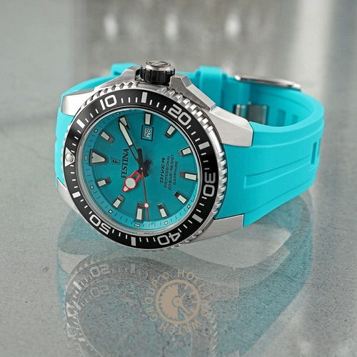 Montre homme Festina F20664/5, cadran turquoise, boîtier en acier inoxydable, bracelet en silicone turquoise, affichage de la date, mouvement à quartz, style plongeur, design sportif. Homme FESTINA 