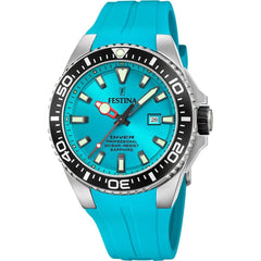 Montre homme Festina F20664/5, cadran turquoise, boîtier en acier inoxydable, bracelet en silicone turquoise, affichage de la date, mouvement à quartz, style plongeur, design sportif. Homme FESTINA 