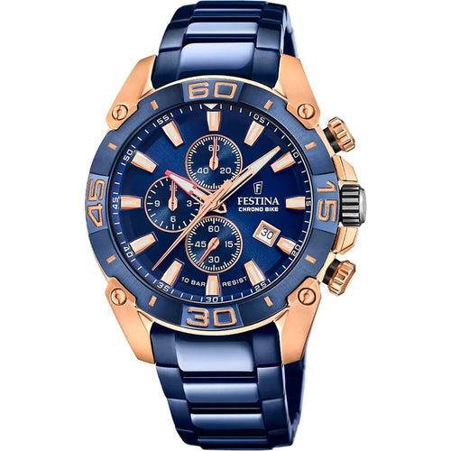 Montre homme Festina F20711/1, cadran bleu, boîtier doré, bracelet en acier inoxydable bleu, chronographe, affichage de la date, mouvement à quartz, design sport-chic Homme FESTINA 