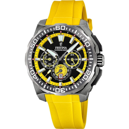 Montre homme Festina F20725/1, cadran noir et jaune, boîtier en acier inoxydable, bracelet en silicone jaune, chronographe, affichage de la date, mouvement à quartz, design sport Homme FESTINA 