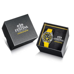 Montre homme Festina F20725/1, cadran noir et jaune, boîtier en acier inoxydable, bracelet en silicone jaune, chronographe, affichage de la date, mouvement à quartz, design sport Homme FESTINA 