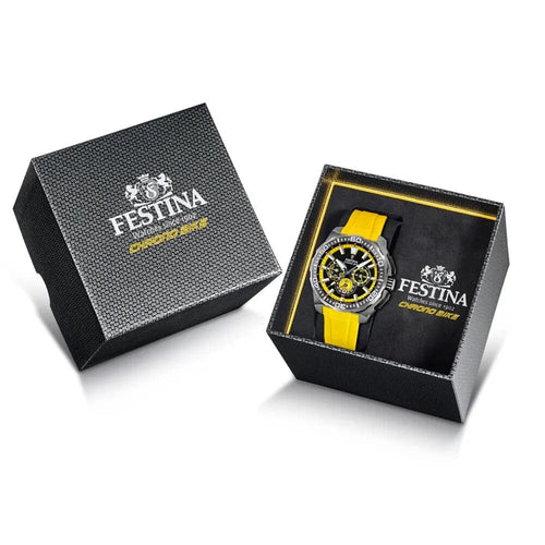 Montre homme Festina F20725/1, cadran noir et jaune, boîtier en acier inoxydable, bracelet en silicone jaune, chronographe, affichage de la date, mouvement à quartz, design sport Homme FESTINA 