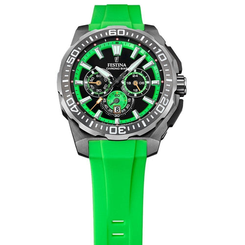 Montre homme Festina F20725/3, cadran noir et vert, boîtier en acier inoxydable, bracelet en silicone vert, chronographe, affichage de la date, mouvement à quartz, design sport Homme FESTINA 