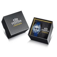 Montre homme Festina F20725/4, cadran blanc et bleu, boîtier en acier inoxydable, bracelet en silicone bleu, chronographe, affichage de la date, mouvement à quartz, design sport Homme FESTINA 