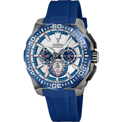 Montre homme Festina F20725/4, cadran blanc et bleu, boîtier en acier inoxydable, bracelet en silicone bleu, chronographe, affichage de la date, mouvement à quartz, design sport Homme FESTINA 