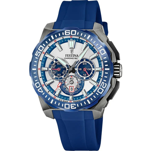Montre homme Festina F20725/4, cadran blanc et bleu, boîtier en acier inoxydable, bracelet en silicone bleu, chronographe, affichage de la date, mouvement à quartz, design sport Homme FESTINA 