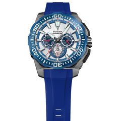 Montre homme Festina F20725/4, cadran blanc et bleu, boîtier en acier inoxydable, bracelet en silicone bleu, chronographe, affichage de la date, mouvement à quartz, design sport Homme FESTINA 