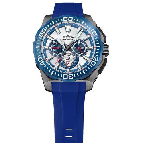 Montre homme Festina F20725/4, cadran blanc et bleu, boîtier en acier inoxydable, bracelet en silicone bleu, chronographe, affichage de la date, mouvement à quartz, design sport Homme FESTINA 
