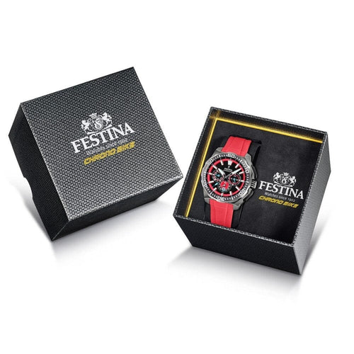 Montre homme Festina F20725/5, cadran noir et rouge, boîtier en acier inoxydable, bracelet en silicone rouge, chronographe, affichage de la date, mouvement à quartz, design sport Homme FESTINA 