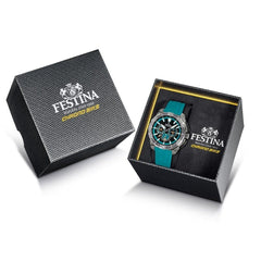 Montre homme Festina F20725/6, cadran noir et turquoise, boîtier en acier inoxydable, bracelet en silicone turquoise, chronographe, affichage de la date, mouvement à quartz, design sport Homme FESTINA 