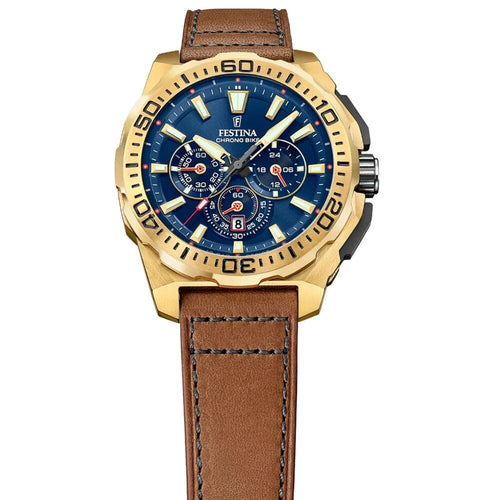 Montre homme Festina F20728/1, cadran bleu, boîtier doré, bracelet en cuir marron, chronographe, affichage de la date, mouvement à quartz, design sport classique. Homme FESTINA 