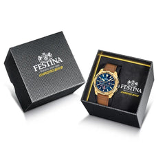 Montre homme Festina F20728/1, cadran bleu, boîtier doré, bracelet en cuir marron, chronographe, affichage de la date, mouvement à quartz, design sport classique. Homme FESTINA 