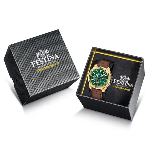 Montre homme Festina F20728/2, cadran vert, boîtier doré, bracelet en cuir marron, chronographe, affichage de la date, mouvement à quartz, design sport classique. Homme FESTINA 