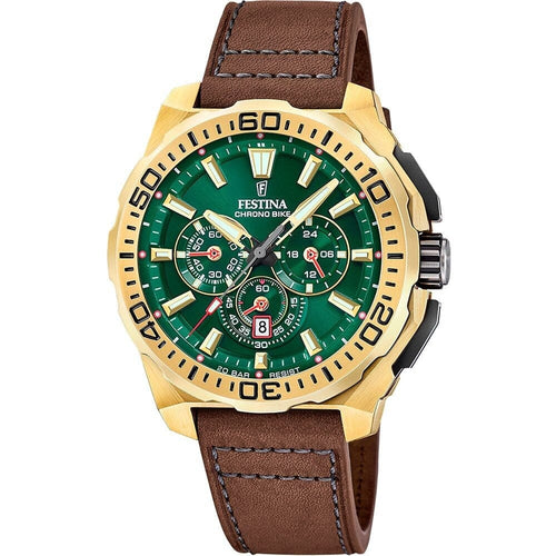 Montre homme Festina F20728/2, cadran vert, boîtier doré, bracelet en cuir marron, chronographe, affichage de la date, mouvement à quartz, design sport classique. Homme FESTINA 