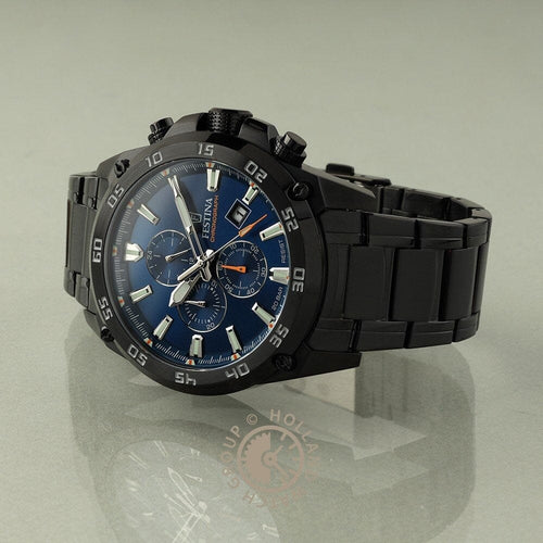 Montre homme Festina F20735/1, cadran bleu, boîtier en acier inoxydable noir, chronographe, affichage de la date, mouvement à quartz, design sport-chic. Homme FESTINA 