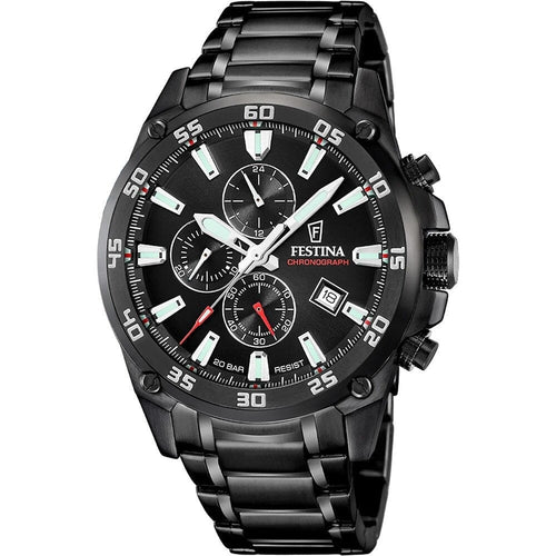Montre homme Festina F20735/3, cadran noir, boîtier en acier inoxydable noir, chronographe, affichage de la date, mouvement à quartz, design sport-chic. Homme FESTINA 