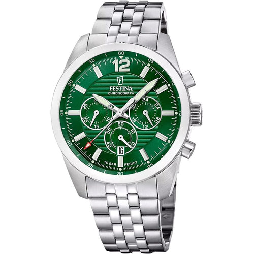 Montre homme Festina F20742/2, chronographe en acier inoxydable à cadran vert texturé, affichage de la date, mouvement à quartz, design sport et élégant. Homme FESTINA 