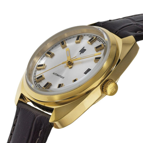 Montre homme Lip Général de Gaulle 35 mm 671881, cadran argenté, boîtier doré, bracelet en cuir noir – Design classique et élégant Homme LIP 