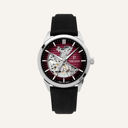 Montre Homme Monarck 315D153 en Acier Argenté avec Cadran Bordeaux et Bracelet Cuir Noir Homme PIERRE LANNIER 