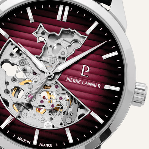 Montre Homme Monarck 315D153 en Acier Argenté avec Cadran Bordeaux et Bracelet Cuir Noir Homme PIERRE LANNIER 