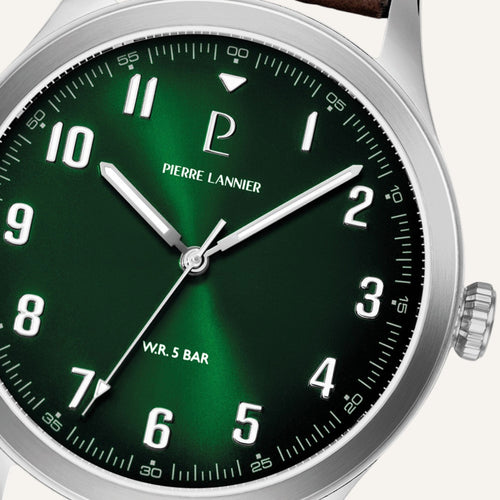 Montre Homme Pierre Lannier 260G174 Aviateur en Acier Argenté avec Cadran Vert et Bracelet Cuir Brun Homme PIERRE LANNIER 