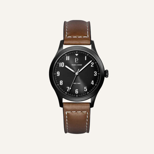 Montre Homme Pierre Lannier 261K434 Aviateur en Acier PVD Noir et Cuir Marron Homme PIERRE LANNIER 