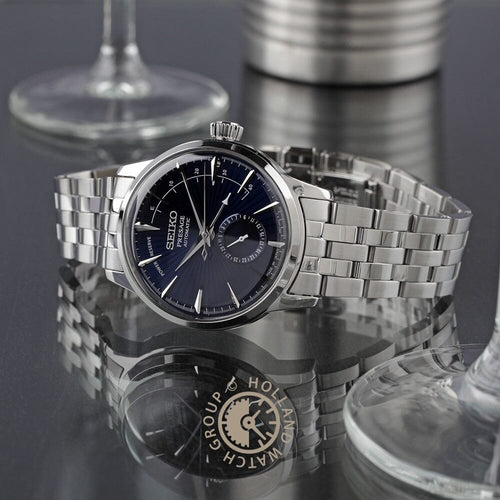 Montre homme Seiko Presage Cocktail « Blue Moon » SSA347J1, cadran bleu, boîtier en acier inoxydable, mouvement automatique, design élégant à cœur ouvert. Homme SEIKO 