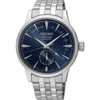 Montre homme Seiko Presage Cocktail « Blue Moon » SSA347J1, cadran bleu, boîtier en acier inoxydable, mouvement automatique, design élégant à cœur ouvert. Homme SEIKO 