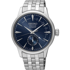 Montre homme Seiko Presage Cocktail « Blue Moon » SSA347J1, cadran bleu, boîtier en acier inoxydable, mouvement automatique, design élégant à cœur ouvert. Homme SEIKO 