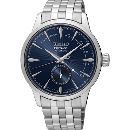 Montre homme Seiko Presage Cocktail « Blue Moon » SSA347J1, cadran bleu, boîtier en acier inoxydable, mouvement automatique, design élégant à cœur ouvert. Homme SEIKO 
