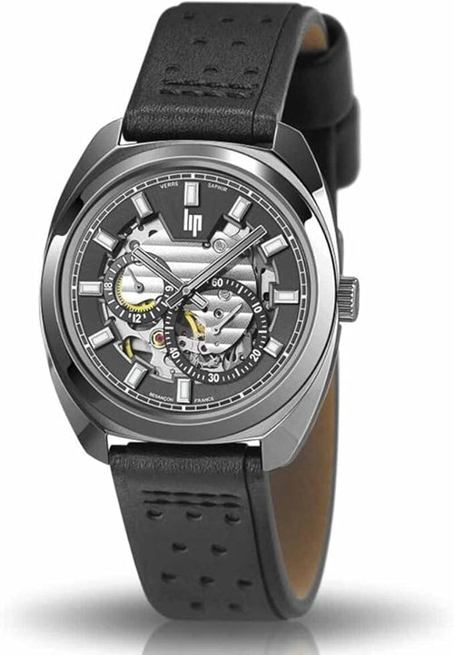 Montre squelette automatique pour homme LIP 671381 – Bracelet en cuir noir, design mécanique haut de gamme Homme LIP 