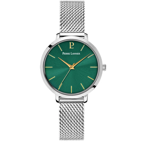 Pierre Lannier 046H671 | Montre Femme à Quartz 30 mm – Cadran Vert Soleillé, Boîtier en Acier Inoxydable Argenté, Bracelet Milanais en Acier Argenté Femme PIERRE LANNIER 