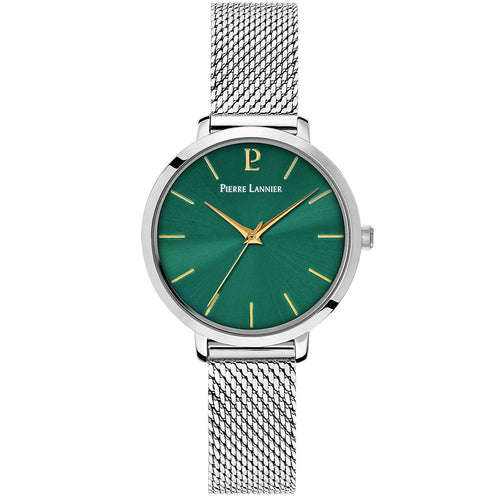 Pierre Lannier 046H671 | Montre Femme à Quartz 30 mm – Cadran Vert Soleillé, Boîtier en Acier Inoxydable Argenté, Bracelet Milanais en Acier Argenté Femme PIERRE LANNIER 