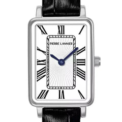 Pierre Lannier 049D603 | Montre Femme à Quartz – Boîtier Rectangulaire en Acier Inoxydable, Cadran Blanc Guilloché, Bracelet en Cuir Noir Façon Crocodile Femme PIERRE LANNIER 