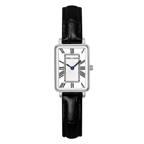 Pierre Lannier 049D603 | Montre Femme à Quartz – Boîtier Rectangulaire en Acier Inoxydable, Cadran Blanc Guilloché, Bracelet en Cuir Noir Façon Crocodile Femme PIERRE LANNIER 