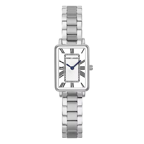 Pierre Lannier 051J601 | Montre Femme à Quartz – Boîtier Rectangulaire en Acier Inoxydable, Cadran Blanc Guilloché, Bracelet en Acier Argenté Femme PIERRE LANNIER 