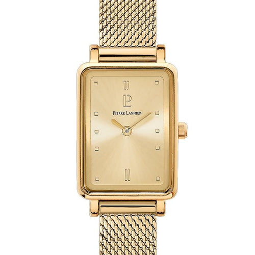 Pierre Lannier 057H542 | Montre Femme à Quartz – Boîtier Rectangulaire en Acier Inoxydable Doré PVD, Cadran Doré Soleillé, Bracelet Milanais en Acier Doré Femme PIERRE LANNIER 