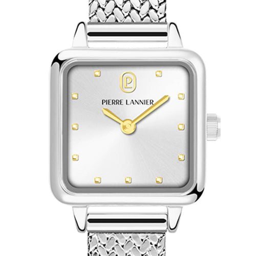 Pierre Lannier 058J621 | Montre Femme à Quartz – Boîtier Carré en Acier Inoxydable, Cadran Gris Soleillé, Bracelet Milanais en Acier Argenté Femme PIERRE LANNIER 