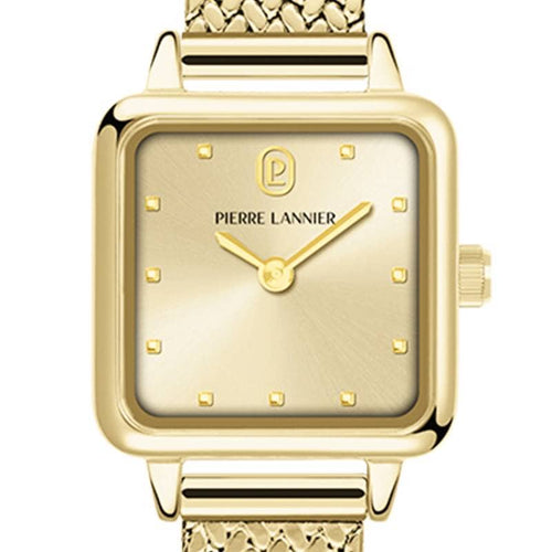 Pierre Lannier 059H542 | Montre Femme à Quartz – Boîtier Carré en Acier Inoxydable PVD Doré, Cadran Doré Soleillé, Bracelet Milanais en Acier Doré Femme PIERRE LANNIER 