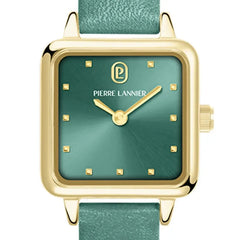 Pierre Lannier 059H577 | Montre Femme à Quartz – Boîtier Carré en Acier Inoxydable Doré PVD, Cadran Vert Soleillé, Bracelet en Cuir Vert Femme PIERRE LANNIER 