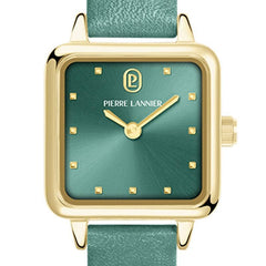 Pierre Lannier 059H577 | Montre Femme à Quartz – Boîtier Carré en Acier Inoxydable PVD Doré, Cadran Vert Soleillé, Bracelet en Cuir Vert Femme PIERRE LANNIER 